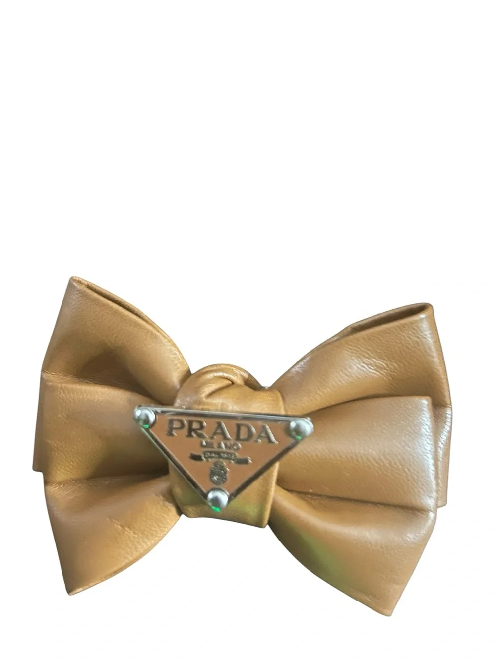 Tan Leather Bow Hair Clip with Logo Plaque